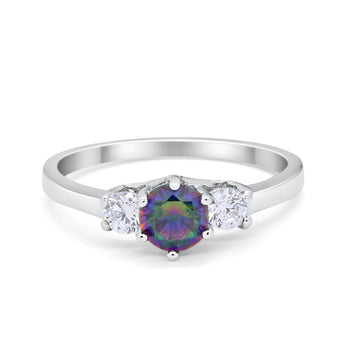 Three Stone Round Wedding Ring Simulated Rainbow CZ 925 Sterling Silver